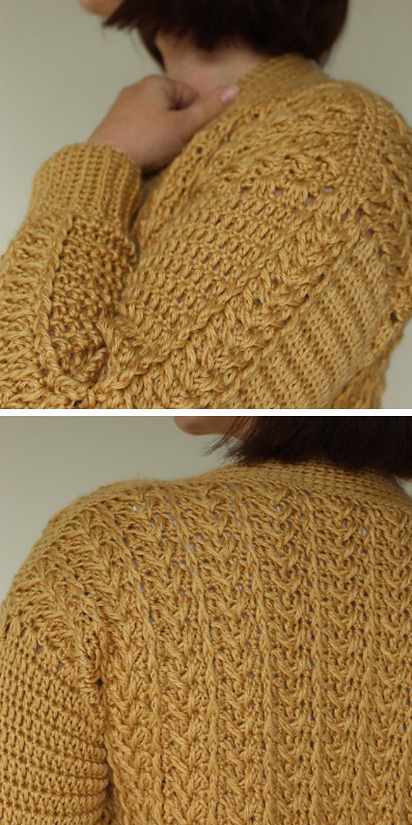 Two pictures of a woman wearing a yellow crocheted cardigan.