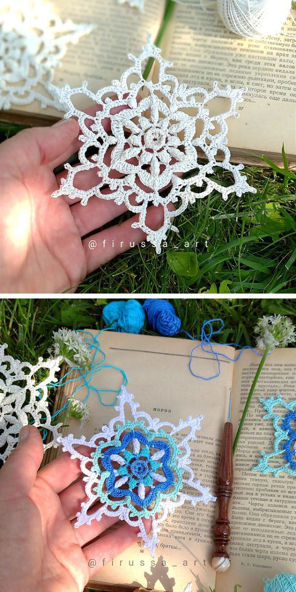 Two pictures of crochet snowflakes on a book.