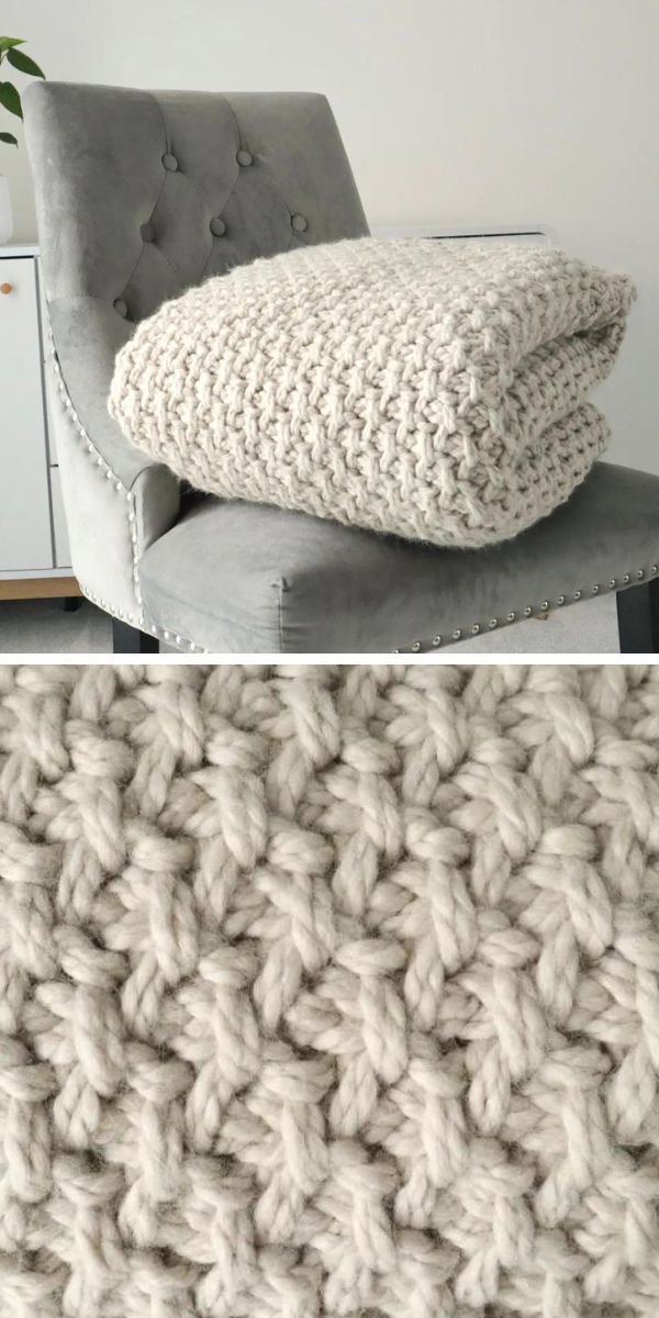Two pictures of a chunky knitted blanket on a chair.