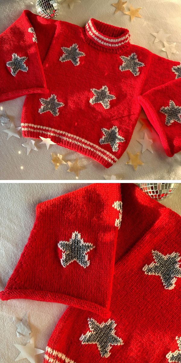 Two pictures of a knitted sweater in red with stars.
