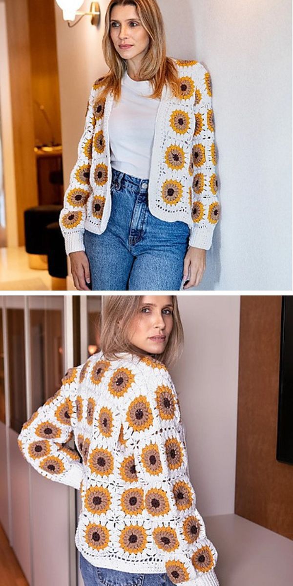 Two pictures of a woman wearing crocheted cardigans, one of which has sunflowers on it.