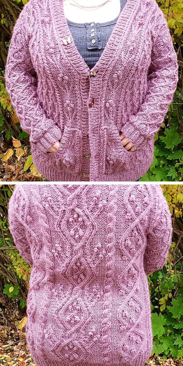 Two pictures of a woman wearing a purple knitted cardigan.