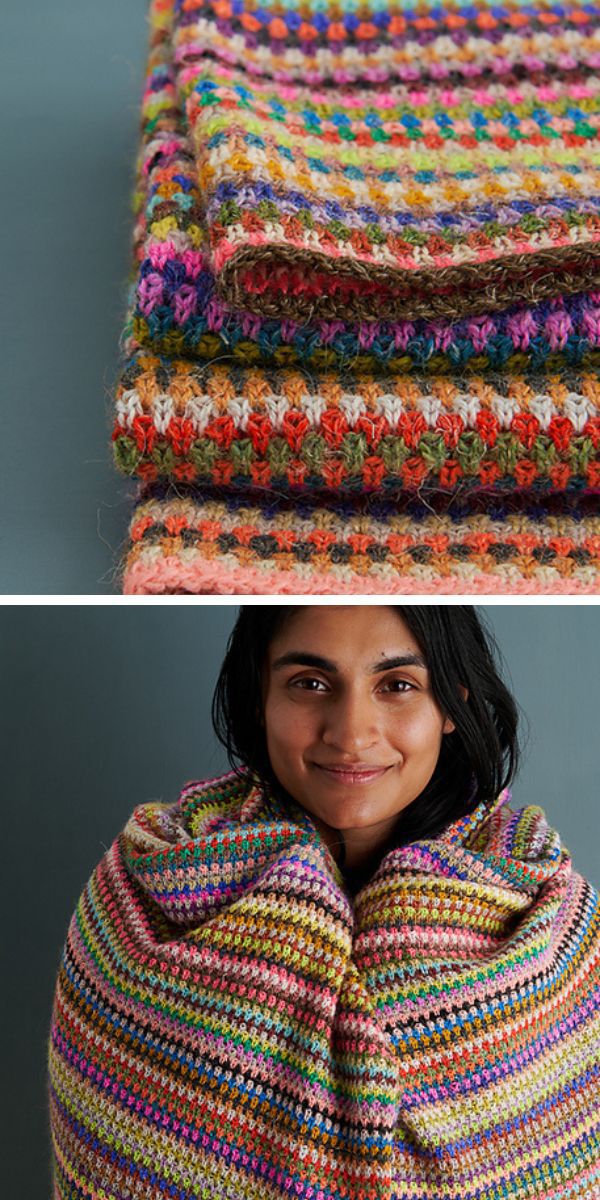 Two pictures of a woman wrapped in a color block blanket.