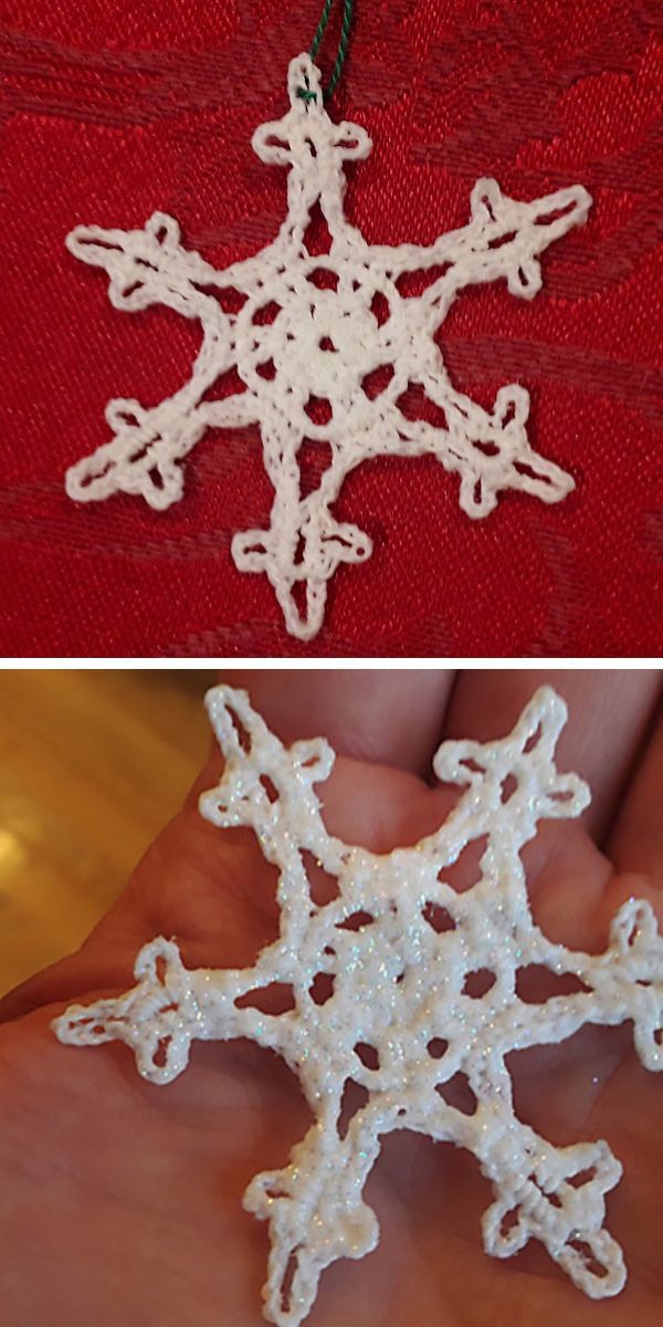 A person is showcasing a crochet snowflake ornament.