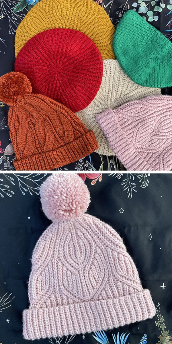 Crochet hats with pom poms.