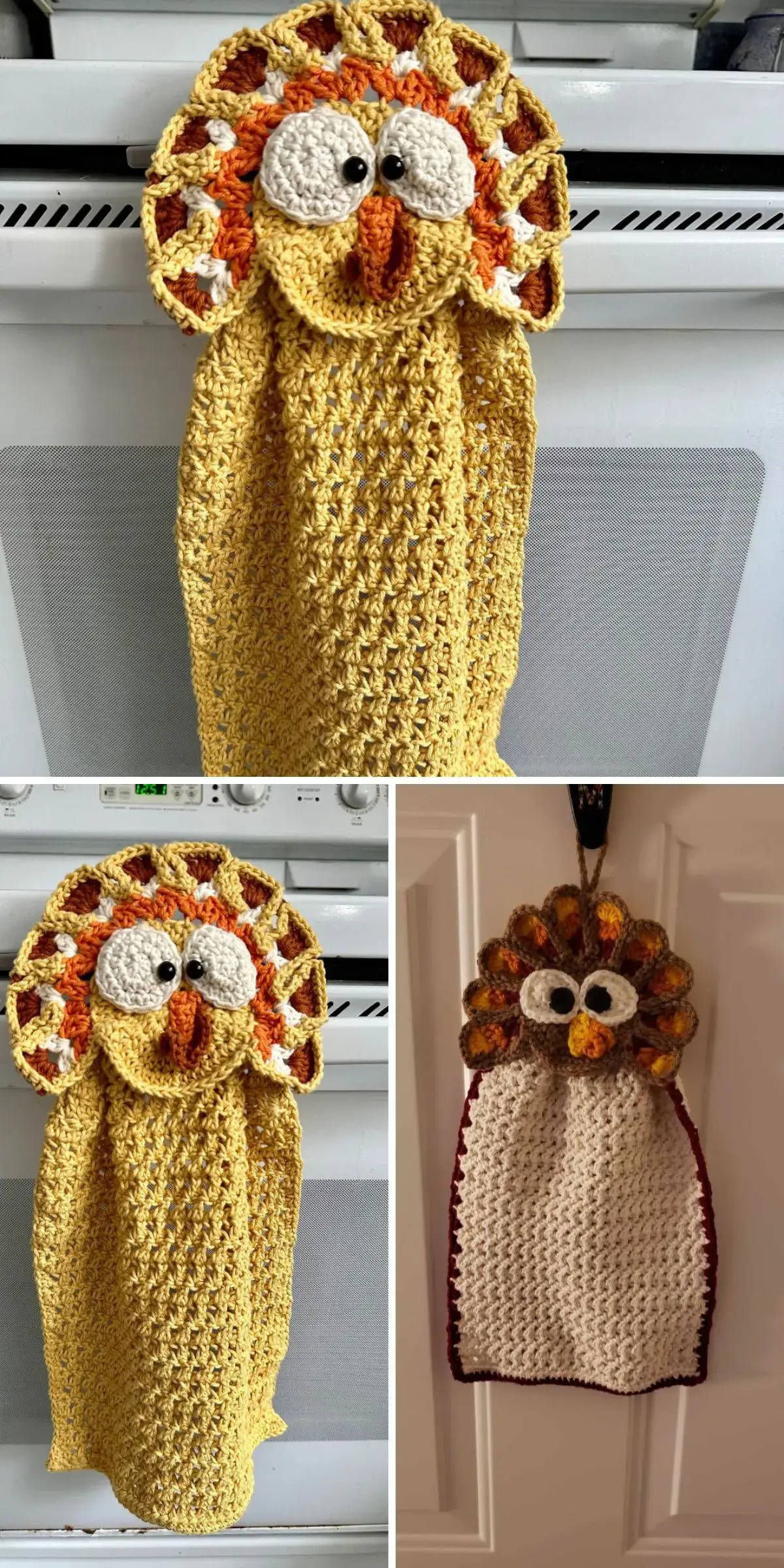 Three crocheted owl-themed hanging towels, perfect for Thanksgiving home decorations, drape over an oven handle and a door. They feature yellow and brown tones with decorative eyes and wings.