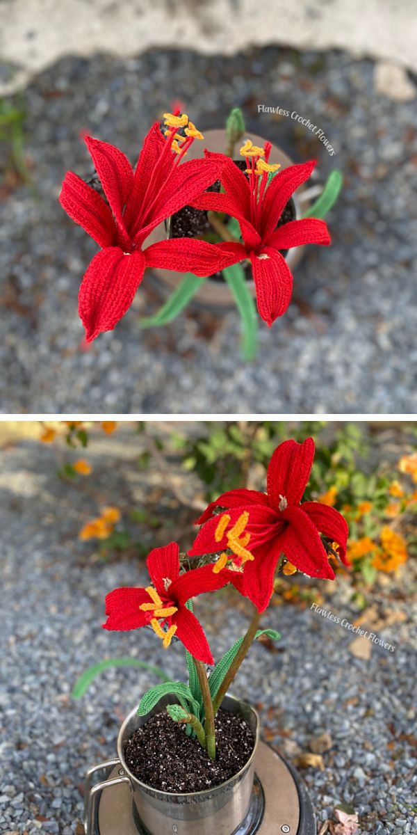 Crochet red lilies in a pot on a table.