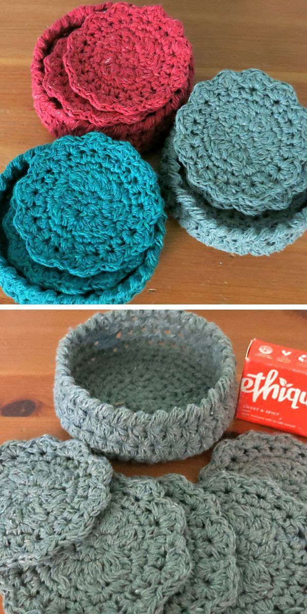 Crocheted face pads on a table next to a box of candy.