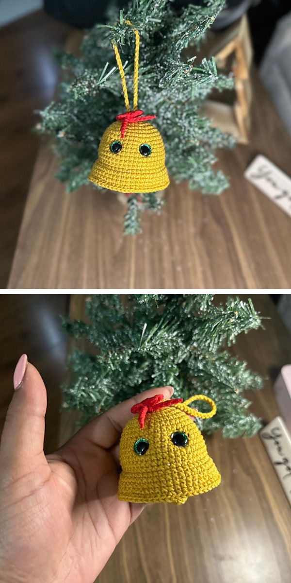 Two pictures of crochet Christmas bells hanging on a tree.