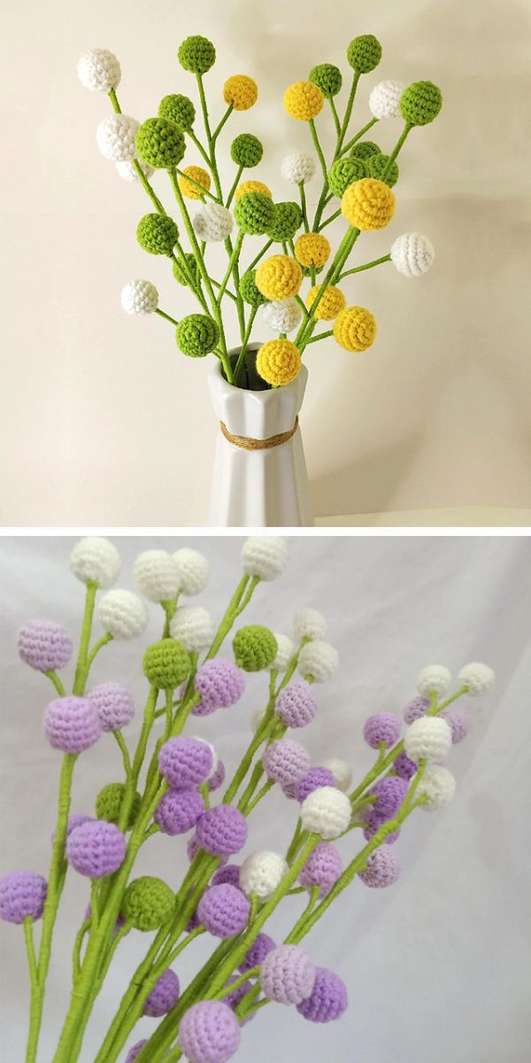 Two pictures of crochet flowers in a vase.