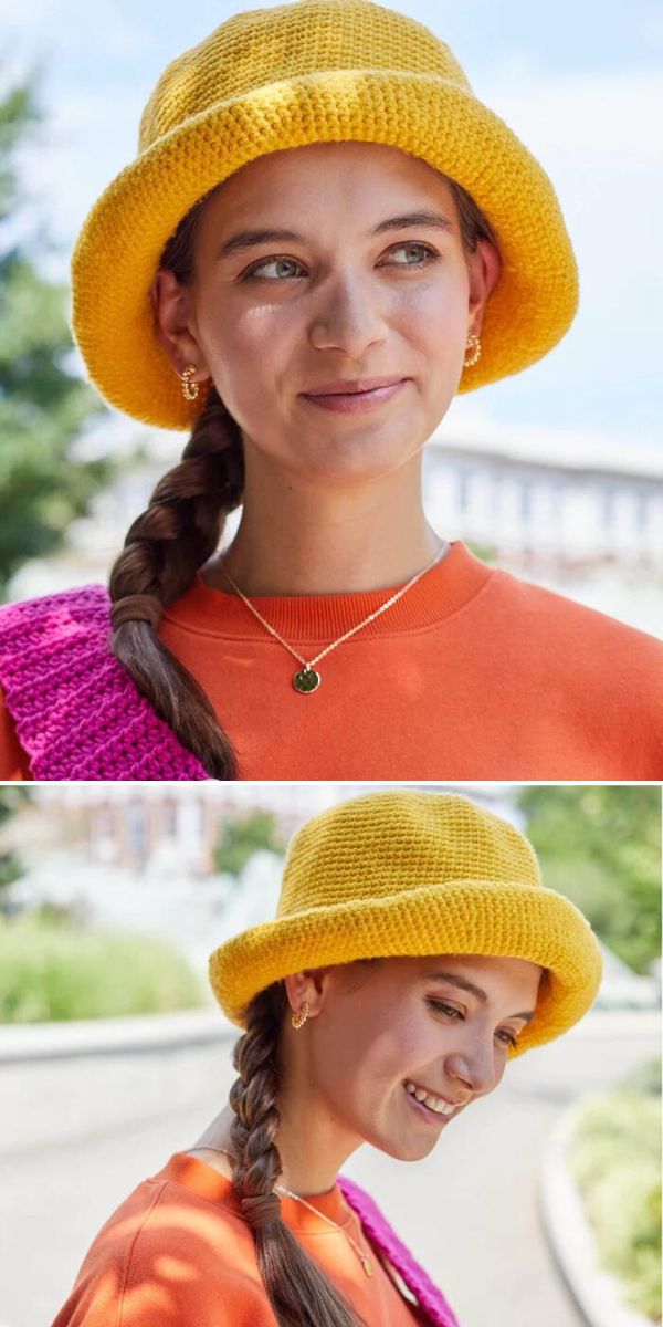 Two pictures of a woman wearing a summer hat