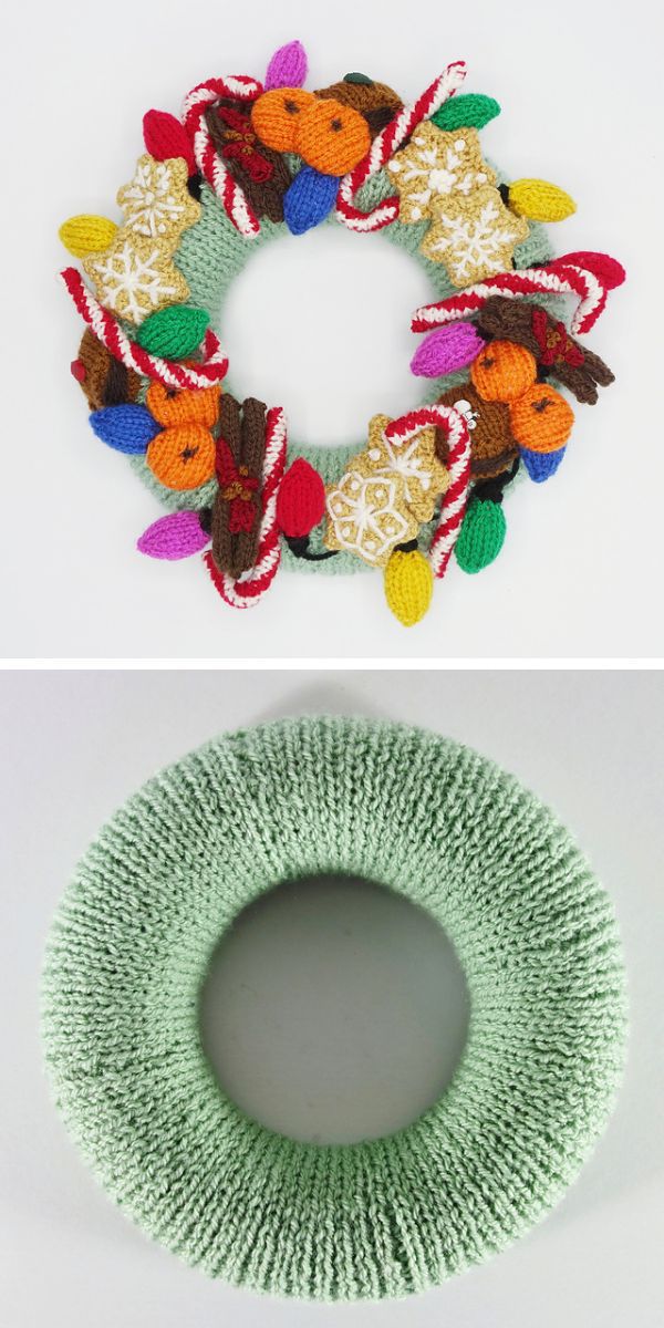 A Christmas wreath made of yarn and candy canes.