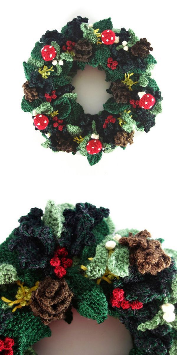 Two pictures of a crocheted wreath adorned with flowers and leaves, perfect for Christmas.