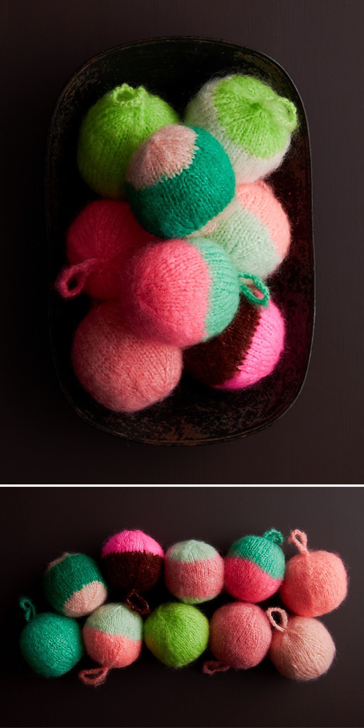 A group of colorful, round, knitted Christmas baubles with loops are displayed in a black tray and arranged in a row on a dark surface.