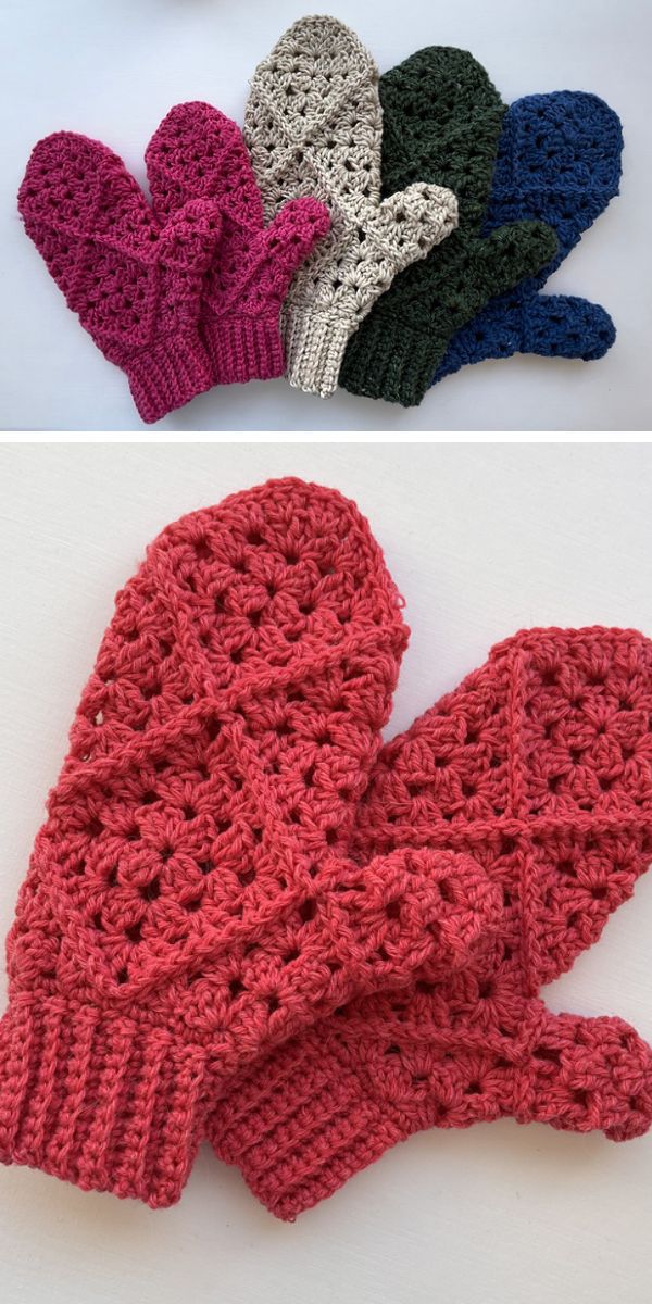 Colorful crocheted mittens designed for kids.