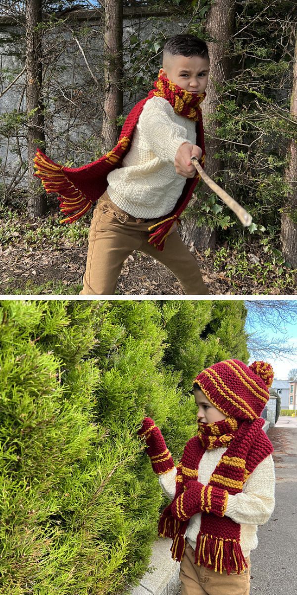 Two pictures of Harry Potter wearing a knitted scarf and a boy holding a wand.