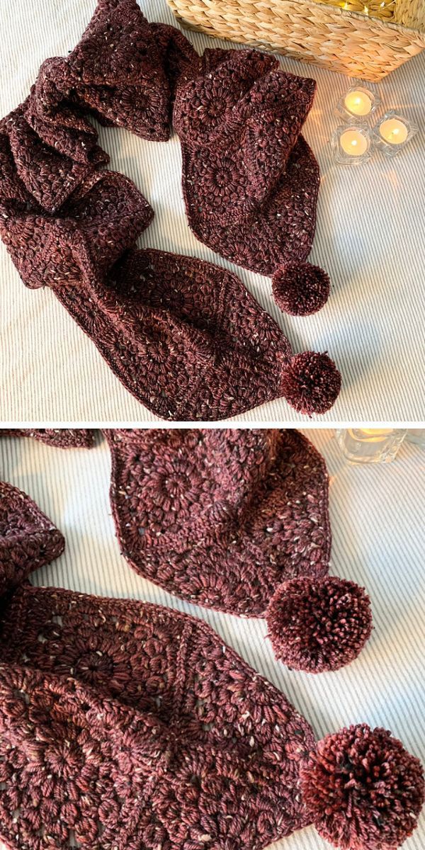 Two pictures of a crocheted scarf with pom poms.