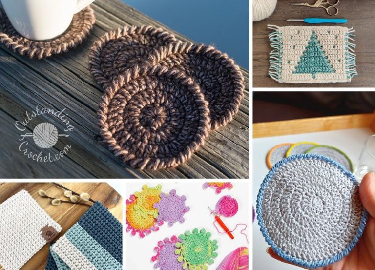 A collage of crocheted coasters and other items.