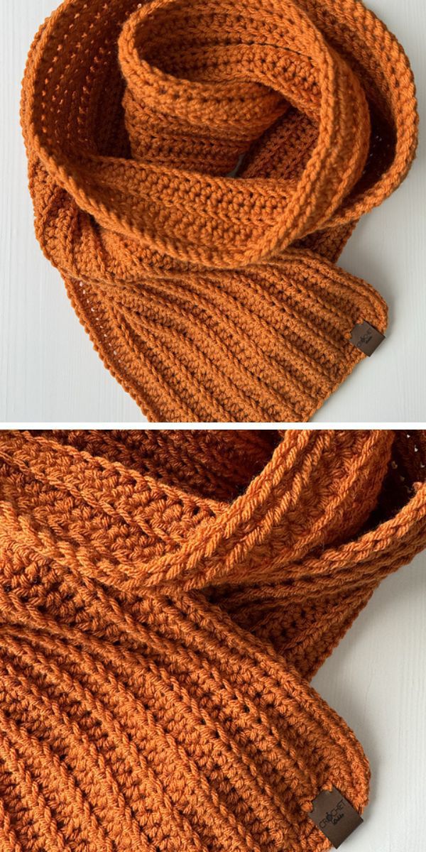 Two pictures of an orange knitted scarf.