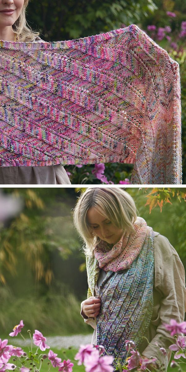 Two pictures of a woman holding a knitted shawl with vibrant colors.