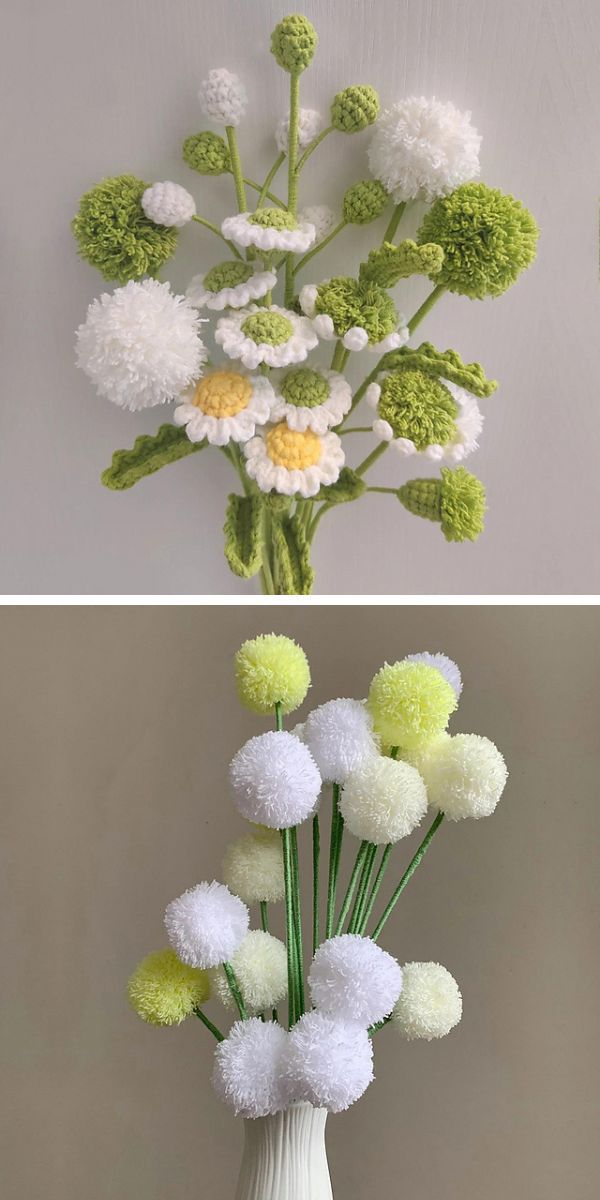 Two pictures of crochet flowers in a vase.