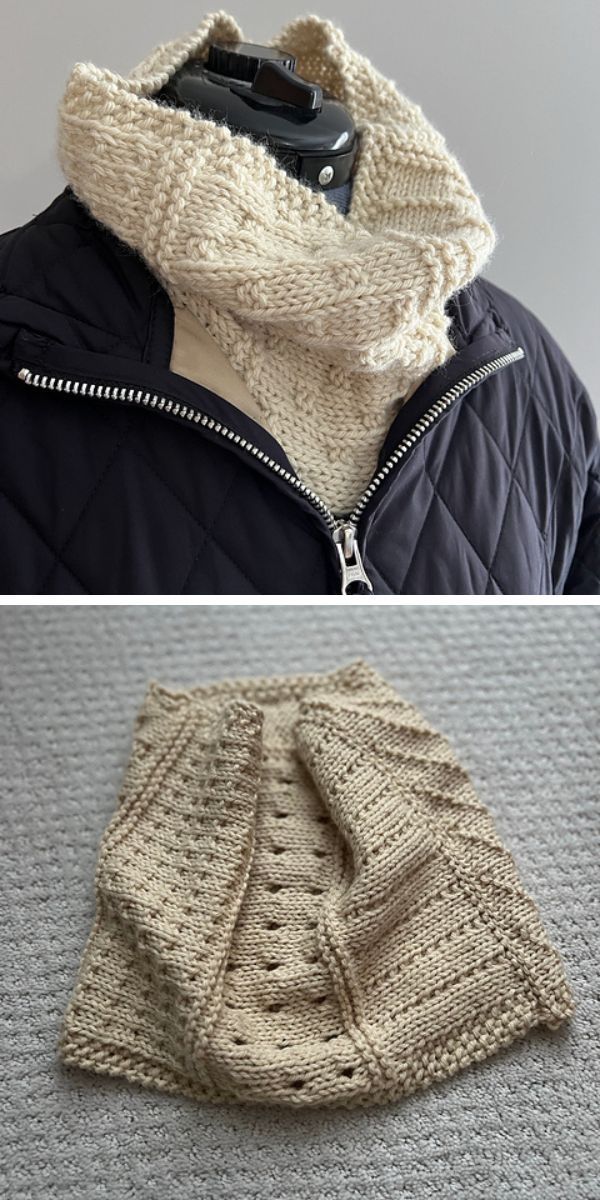 Two pictures of knitted accessories - a cowl and a jacket.