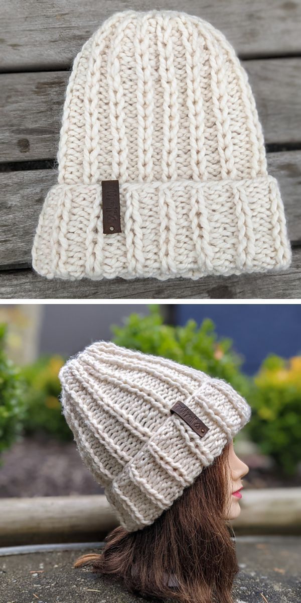 Two pictures of a knitted beanie hat with a brown leather strap, showcasing stylish knitted accessories.