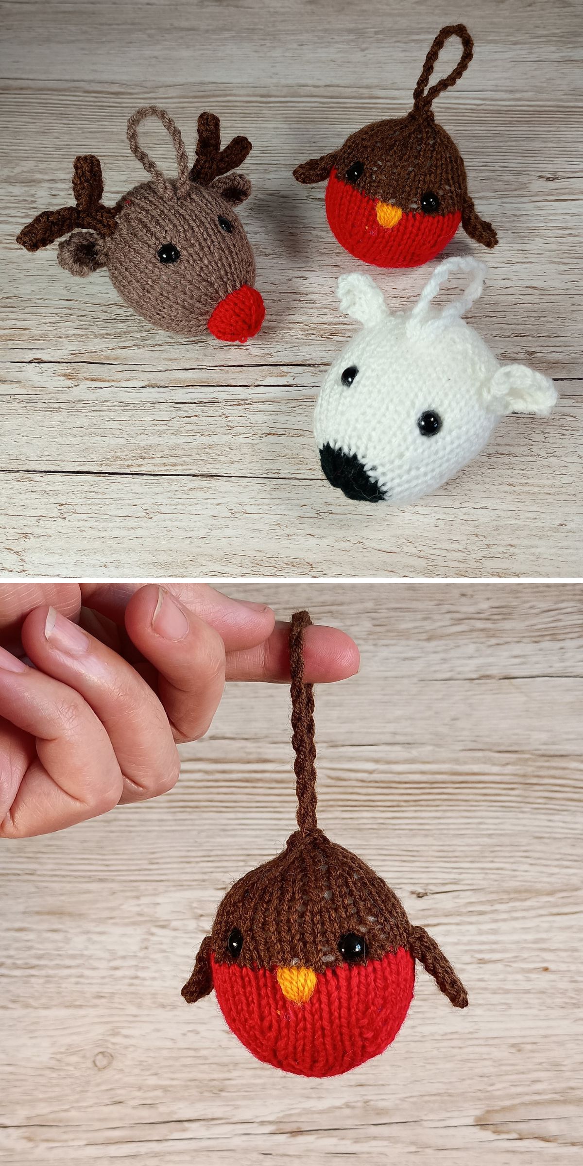 Three knitted Christmas baubles shaped like a reindeer, a polar bear, and a robin, with a hand holding the robin ornament by its loop in the second image.
