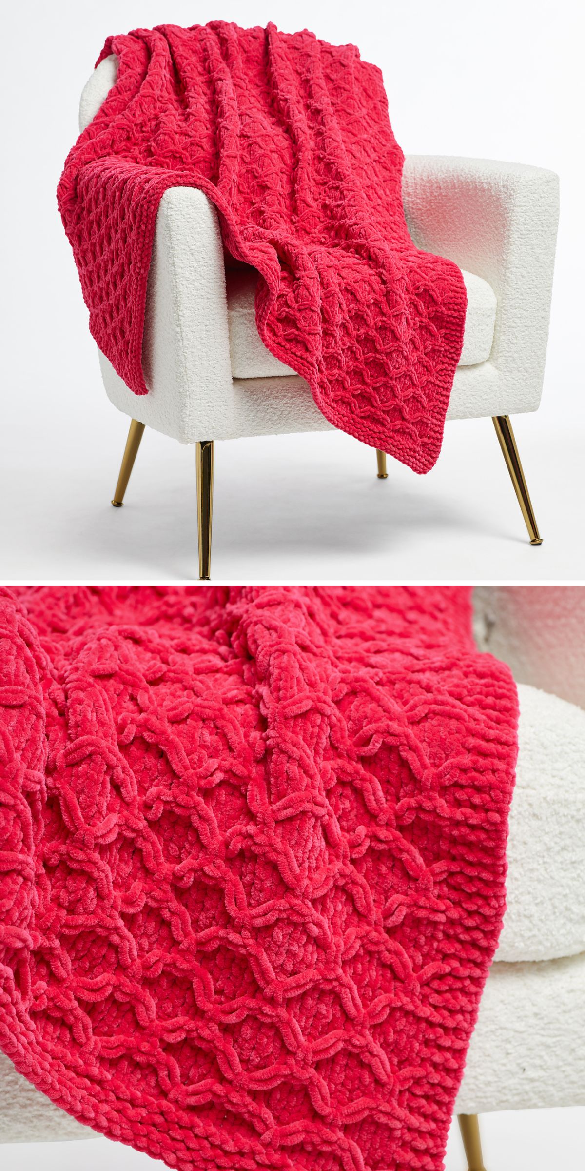 a chunky knit velvet blanket in a red color