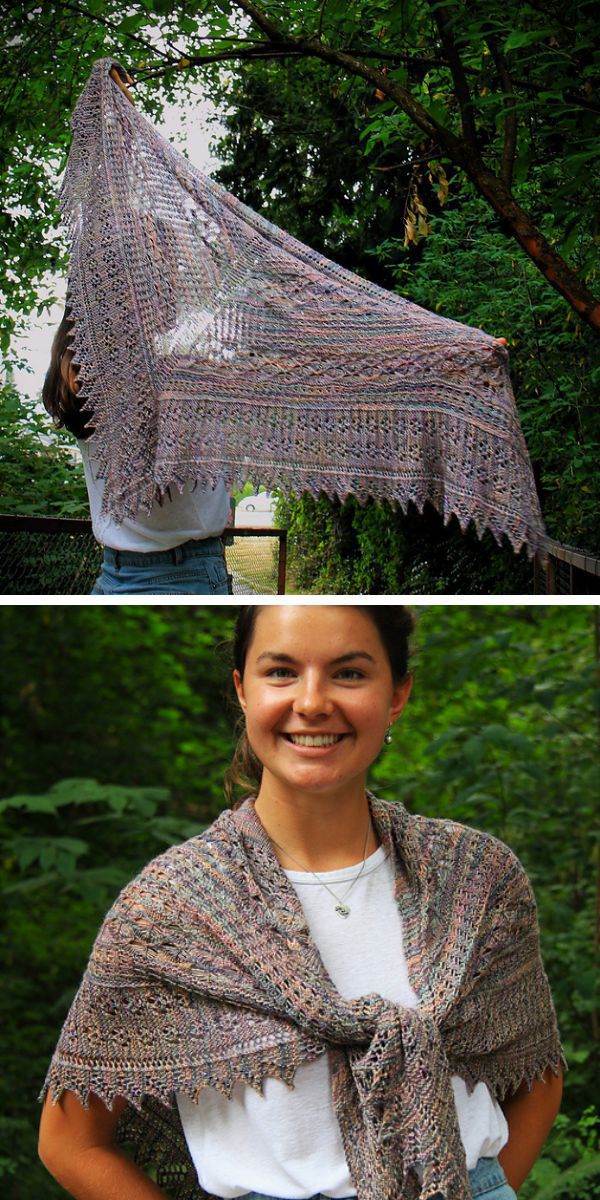 Two pictures showcasing a woman gracefully draped in a knitted shawl.