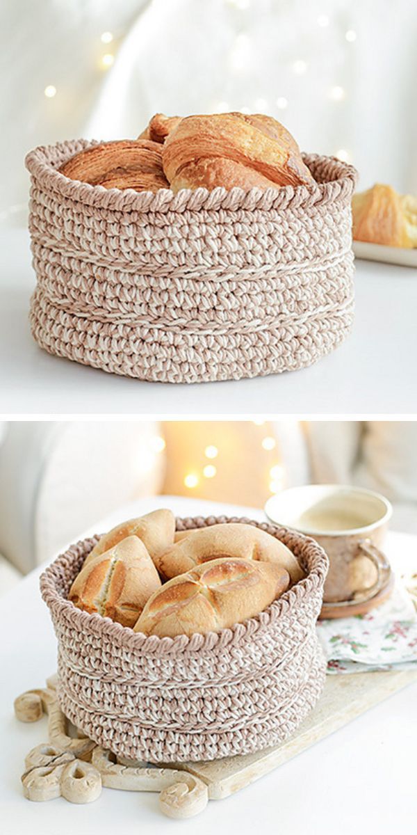 Two sturdy pictures of a crocheted basket with bread in it.