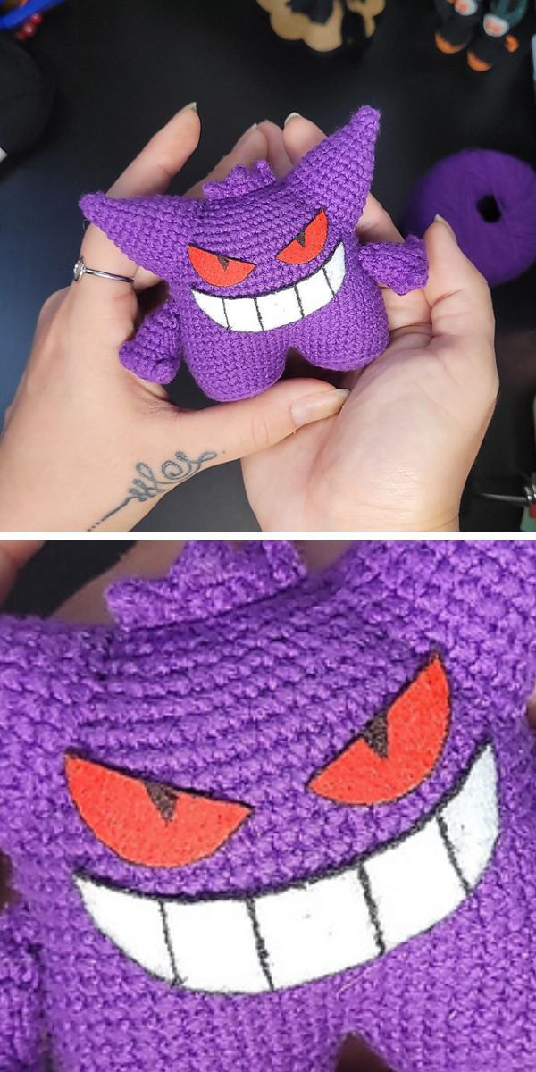 Two crochet Pokemon amigurumi toys in purple.