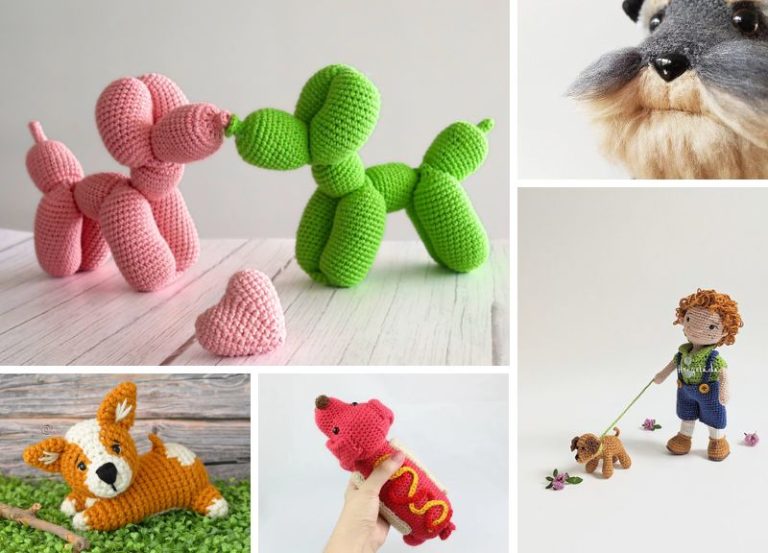 A collage of amigurumi dogs.