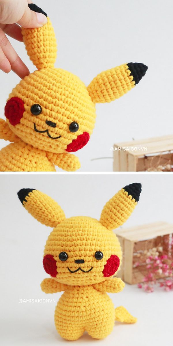 Two pictures of a crocheted pikachu amigurumi.