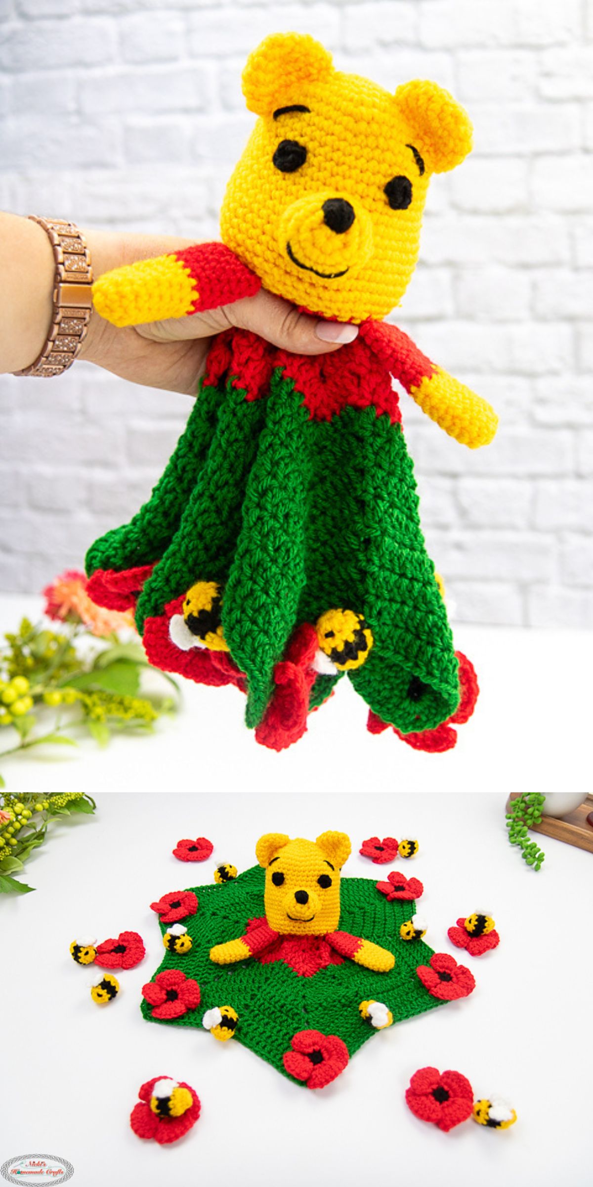 a vibrant crochet baby lovey featuring Winnie the Pooh