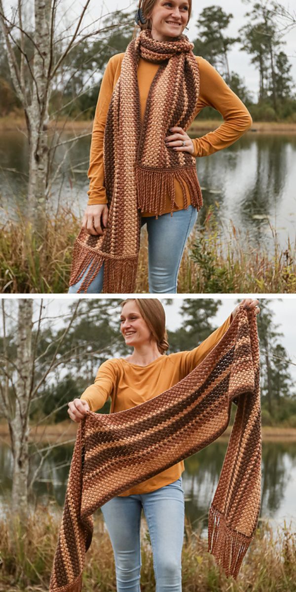 Two pictures of a woman holding a crochet scarf in front of a lake.