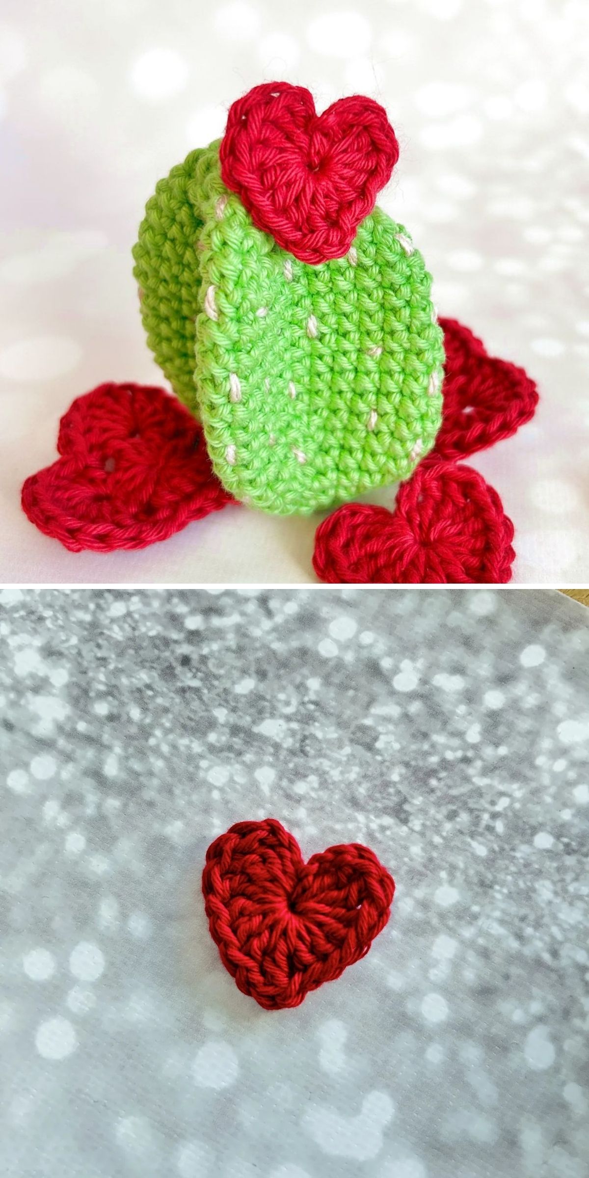 Two images: the first features a crocheted green cactus surrounded by crochet hearts; the second displays a single red crocheted heart on a textured background.