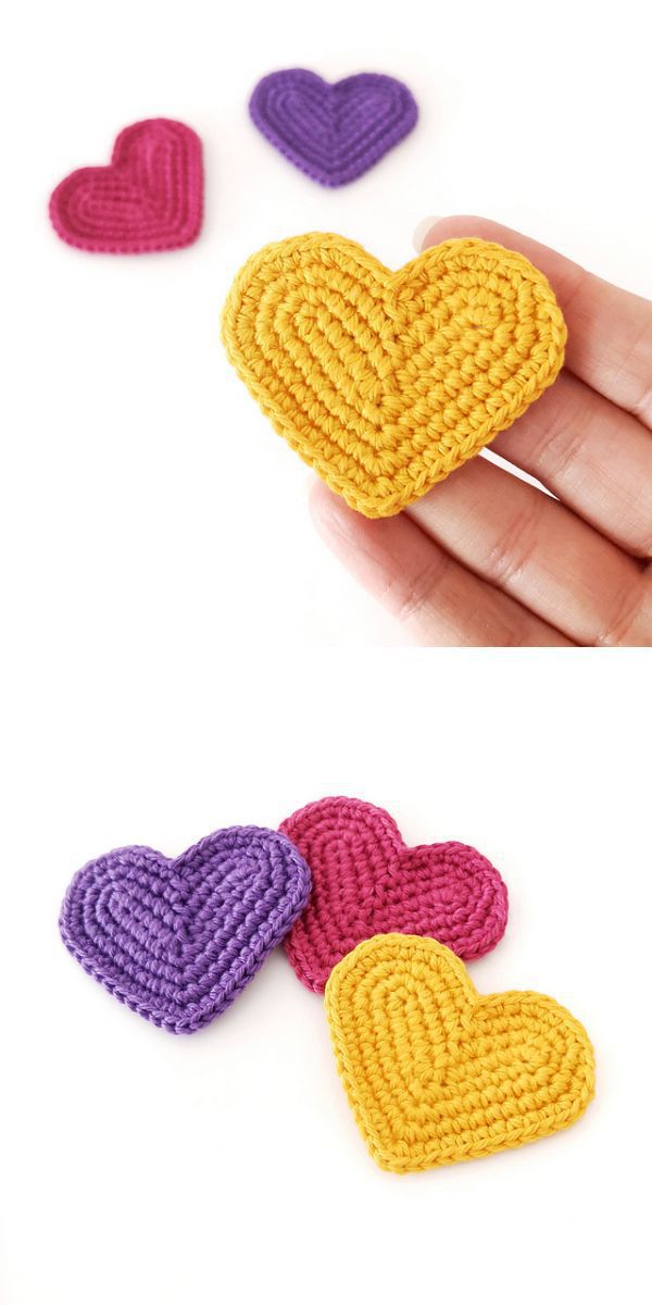 A pair of crochet hearts in various colors.