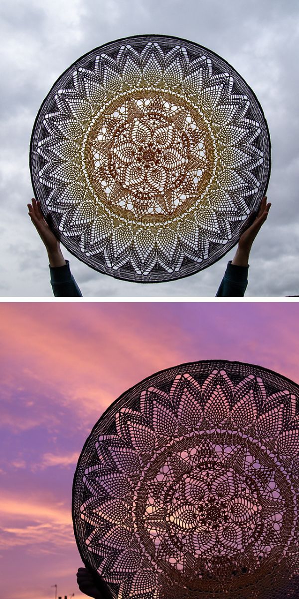 A person is holding up a plate with crochet mandalas pattern on it.