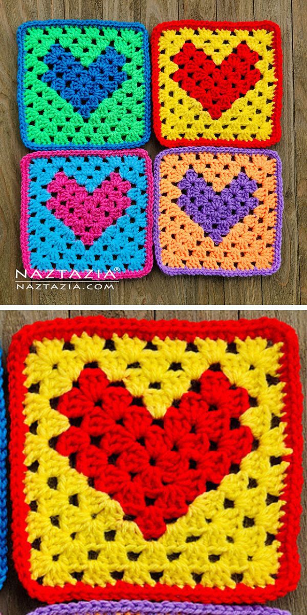 A set of colorful crochet heart shaped coasters.