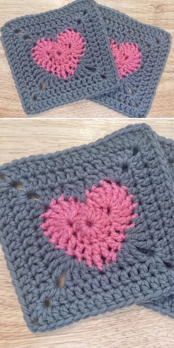 A duo of crocheted squares adorned with a vibrant pink heart.