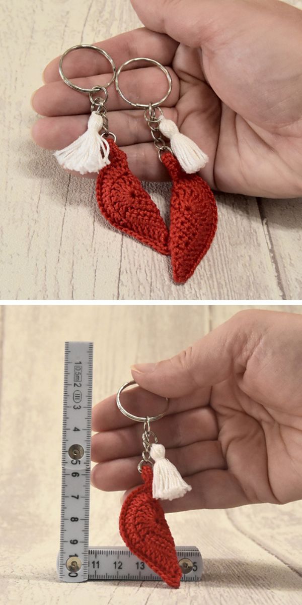 Crocheted amigurumi heart keychain with tassel.