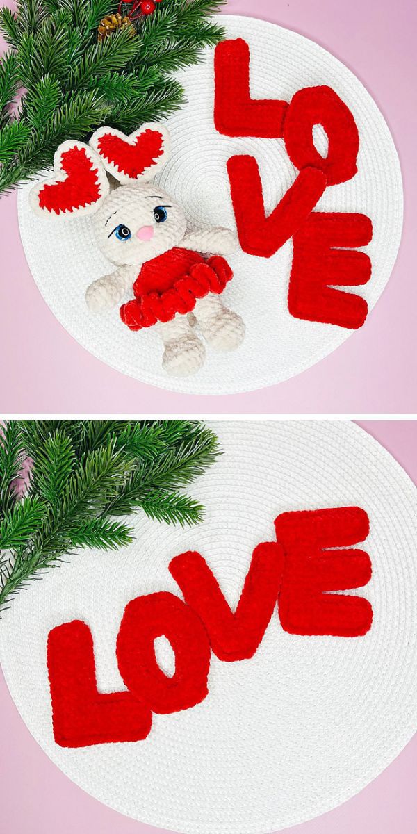 Two pictures of a crocheted Christmas tree embellished with a crochet heart.