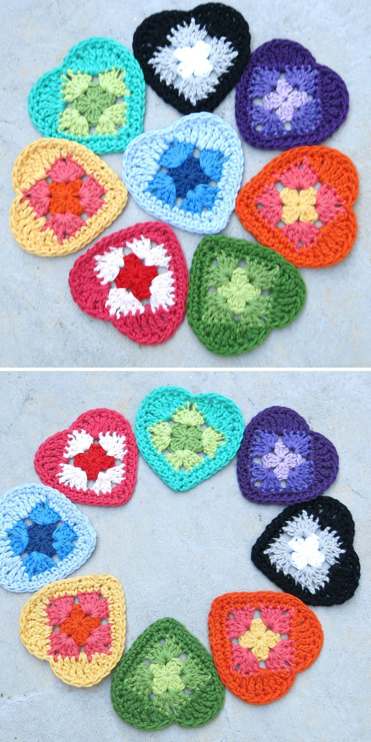 Two photos show colorful crocheted granny squares shaped like hearts, arranged in circles on a light gray surface. The arrangement and heart colors vary between the two images.