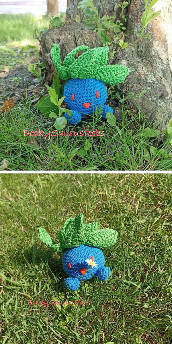 Two pictures of a crocheted pokemon toy in the grass.