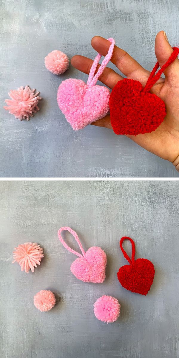 Amigurumi Valentine's day heart pom poms.