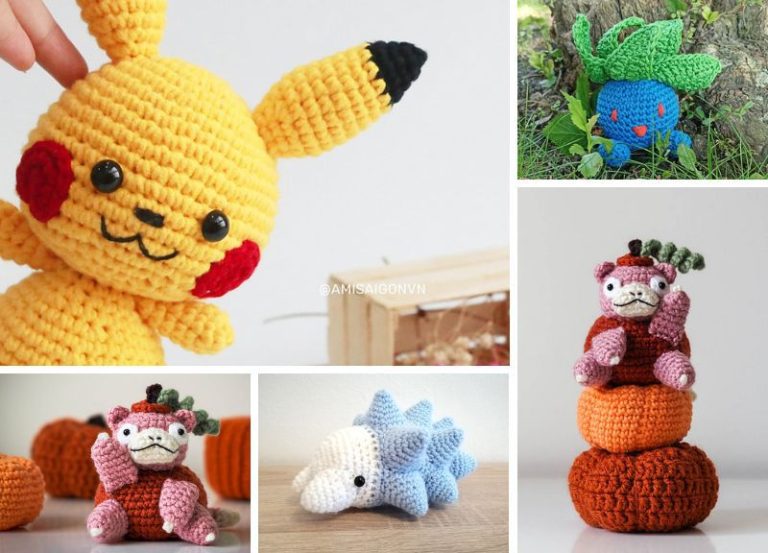 A collage of crocheted toys.