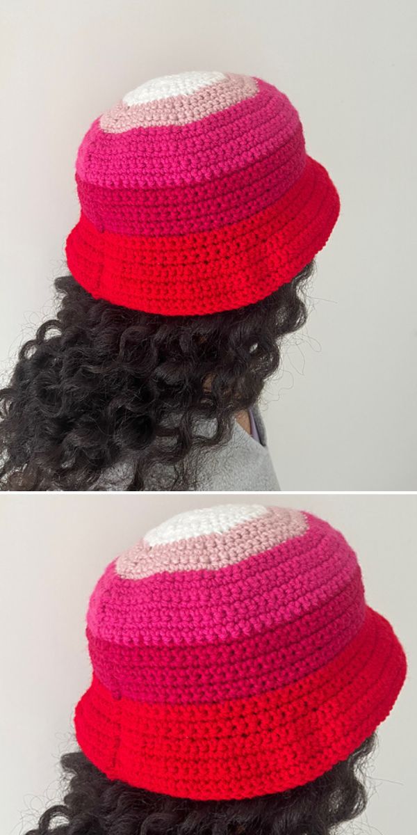 Two pictures showcasing a crocheted summer hat in vibrant pink and red hues.