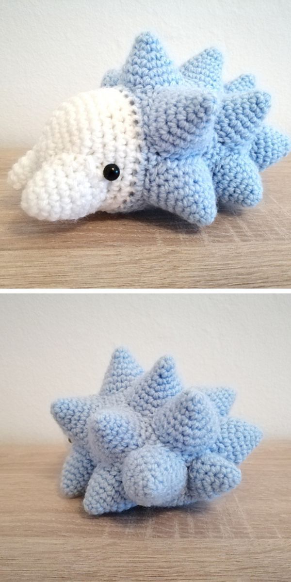 Two pictures of a knitted hedgehog.