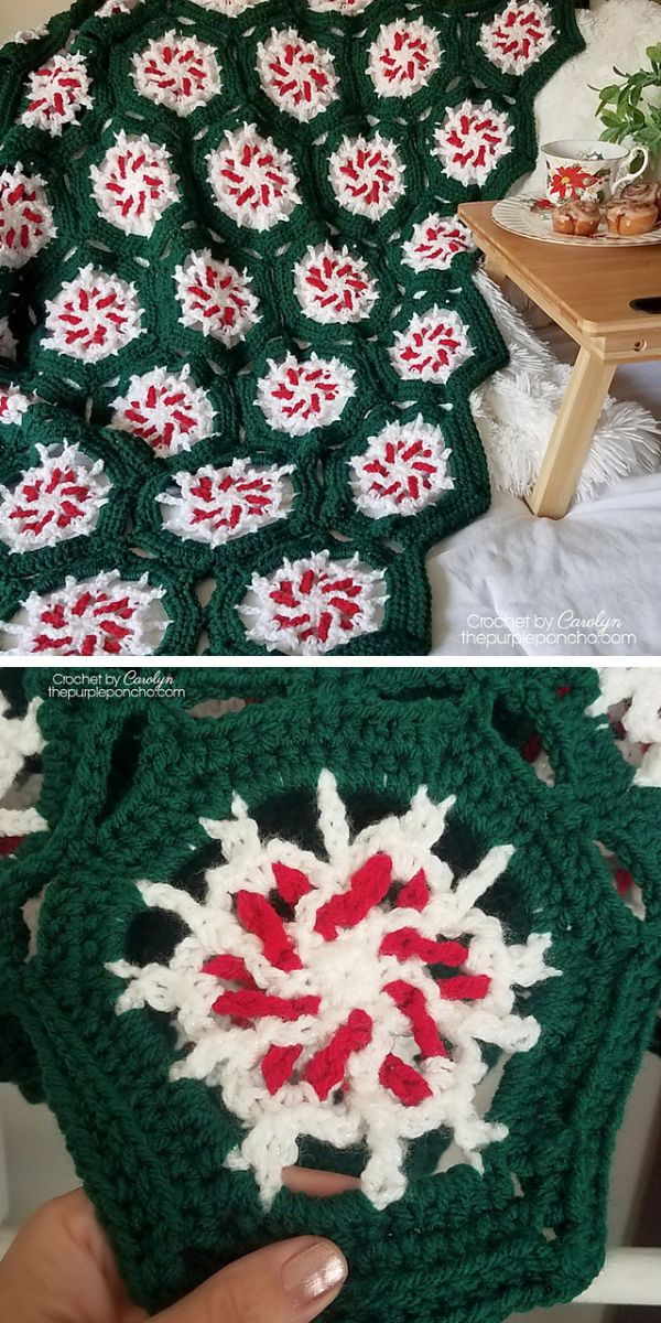 A green and white crochet hexagon blanket with red and white flowers.